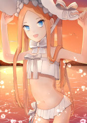 Rule 34 | 1girl, abigail williams (fate), abigail williams (swimsuit foreigner) (fate), abigail williams (swimsuit foreigner) (third ascension) (fate), absurdres, artist request, bare shoulders, bikini, blonde hair, blue eyes, blush, bonnet, bow, braid, braided hair rings, breasts, fate/grand order, fate (series), forehead, gradient sky, hair bow, hair rings, highres, lake, long hair, looking at viewer, miniskirt, navel, open mouth, orange sky, parted bangs, sidelocks, skirt, sky, small breasts, smile, sunset, swimsuit, thighs, twilight, twin braids, twintails, very long hair, wading, white bikini, white bow, white headwear