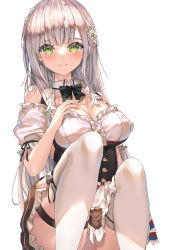 Rule 34 | 1girl, absurdres, alter (kxk7357), apron, black bow, black bowtie, black ribbon, blunt bangs, bow, bowtie, breasts, cleavage, collar, detached collar, detached sleeves, dirndl, german clothes, green eyes, hand on own chest, highres, hololive, knees up, large breasts, long hair, looking at viewer, mole, mole on breast, official alternate costume, puffy short sleeves, puffy sleeves, ribbon, shirogane noel, shirogane noel (dirndl), shirt, short sleeves, silver hair, simple background, sitting, smile, solo, thigh strap, thighhighs, virtual youtuber, waist apron, white apron, white collar, white shirt, white thighhighs