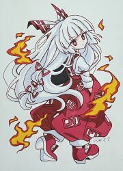 Rule 34 | 1girl, bow, closed mouth, dated, expressionless, fire, footwear bow, from side, fujiwara no mokou, full body, furiba 794, hair bow, hands in pockets, highres, long hair, looking back, pants, red bow, red eyes, red footwear, red pants, shirt, shoes, solo, suspenders, touhou, traditional media, two-tone bow, very long hair, white bow, white hair, white shirt