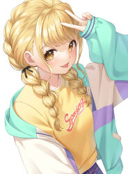 Rule 34 | 1girl, :p, absurdres, arm up, blonde hair, blush, braid, fujita kotone, gakuen idolmaster, hair ribbon, highres, idolmaster, jacket, looking at viewer, multicolored clothes, multicolored jacket, open clothes, open jacket, ribbon, shirt, simple background, solo, tongue, tongue out, tsunenorip, twin braids, v, white background, yellow eyes, yellow shirt