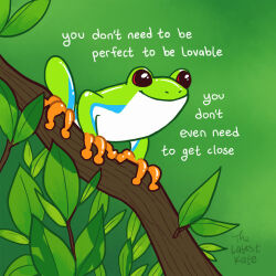 Rule 34 | animal, animal focus, artist name, english text, frog, green background, in tree, leaf, no humans, original, signature, smile, thelatestkate, tree
