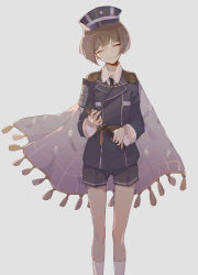 Rule 34 | 10s, 1boy, absurdres, bad id, bad pixiv id, belt, black necktie, brown hair, cape, closed eyes, facing viewer, feet out of frame, grey background, hat, head tilt, highres, holding, holding weapon, jacket, knife, long sleeves, maeda toushirou, male focus, necktie, peaked cap, shorts, simple background, smile, socks, solo, standing, touken ranbu, weapon, white socks, wing collar, zhibuji loom