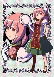 Rule 34 | 1girl, bandages, bow, bun cover, chinese clothes, double bun, female focus, floral background, flower, ibaraki kasen, maru-sun, pink eyes, pink hair, puffy sleeves, rose, short hair, short sleeves, skirt, smile, solo, tabard, touhou