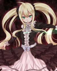 Rule 34 | 1girl, aru gunsou, bad id, bad pixiv id, black dress, blonde hair, center frills, dress, fairy tail, frilled dress, frills, gothic lolita, green eyes, layered dress, lolita fashion, long hair, long sleeves, looking at viewer, mavis vermilion, outstretched arm, sash, scrunchie, solo, twintails, very long hair, white dress