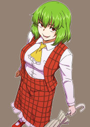 Rule 34 | 1girl, ascot, brown background, collared shirt, from above, green hair, highres, holding, holding umbrella, kakone, kazami yuuka, long sleeves, looking at viewer, one-hour drawing challenge, open mouth, plaid, plaid skirt, plaid vest, red eyes, red footwear, red skirt, red vest, shirt, short hair, simple background, skirt, smile, solo, touhou, umbrella, vest, white shirt, white umbrella, yellow ascot