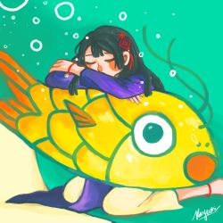 Rule 34 | 1girl, anklet, aqua background, black hair, blunt bangs, blunt ends, blush, blush stickers, bracelet, bubble, carp, chinese knot, closed eyes, commentary, covered mouth, dress, english commentary, foot out of frame, hair ornament, head on arm, head rest, highres, jewelry, kayumile2912, long hair, long sleeves, nose blush, nose bubble, original, painttool sai (medium), pants, purple dress, red tassel, signature, sitting, sleeping, tassel, tassel hair ornament, vietnamese dress, wariza, whiskers, white pants