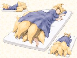 Rule 34 | 1girl, :3, animal ears, barefoot, blonde hair, commentary request, closed eyes, fox ears, fox tail, lying, mattress, multiple views, on back, on side, pillow, shirosato, short hair, sleeveless, smile, tail, touhou, under covers, yakumo ran