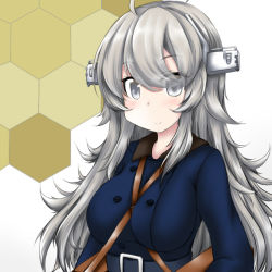 Rule 34 | 1girl, ahoge, belt, between breasts, blue coat, breasts, coat, commentary request, cosplay, grey eyes, headgear, honeycomb (pattern), honeycomb background, kantai collection, large breasts, long hair, looking at viewer, ouno (nounai disintegration), silver hair, solo, souya (kancolle), souya (kancolle) (cosplay), strap between breasts, washington (kancolle)