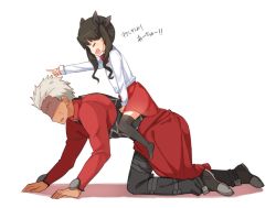 Rule 34 | 1boy, 1girl, all fours, archer (fate), bad id, bad pixiv id, black hair, black thighhighs, closed eyes, fate/stay night, fate (series), hair ribbon, long sleeves, open mouth, pointing, pointing forward, ribbon, riding, shaded face, shirt, shnva, silver hair, simple background, skirt, thighhighs, tohsaka rin, translated