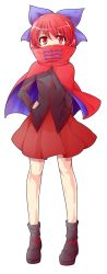Rule 34 | 1girl, alphes (style), boots, bow, cape, dairi, full body, hair bow, hand on own hip, highres, looking at viewer, parody, red eyes, red hair, sekibanki, short hair, skirt, solo, style parody, touhou, transparent background