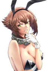 Rule 34 | 1girl, absurdres, animal ears, black leotard, bow, bowtie, breasts, brown hair, detached collar, fake animal ears, flipped hair, gloves, green eyes, hair between eyes, hairband, hand on own chin, highres, ichifuji, kantai collection, large breasts, leotard, looking at viewer, mutsu (kancolle), playboy bunny, rabbit ears, short hair, simple background, smile, solo, strapless, strapless leotard, upper body, white background, white gloves, wrist cuffs