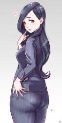 Rule 34 | 1girl, absurdres, ass, black hair, breasts, business suit, colored skin, formal, grey background, hand on own hip, highres, ikuchan kaoru, lips, long hair, looking at viewer, looking back, mole, mole under eye, multicolored skin, office lady, pants, pantylines, pink background, pinstripe pattern, pinstripe suit, simple background, smile, solo, striped clothes, striped pants, suit, thighs, tight clothes