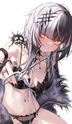 1girl absurdres black_bra black_hair black_nails black_panties blush bra breasts hair_ornament hairclip highres holding holding_scissors hololive hololive_english jacket jewelry large_breasts long_hair looking_at_viewer multicolored_hair multiple_rings navel open_clothes open_jacket panties rei_(9086) ring scissors shiori_novella simple_background smile solo split-color_hair teeth underwear virtual_youtuber white_hair yellow_eyes