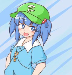 Rule 34 | 1girl, :d, blue background, blue eyes, blue hair, blue shirt, bright pupils, commission, flat cap, green hat, hair bobbles, hair ornament, hat, kawashiro nitori, key, looking at viewer, mizusoba, open mouth, shirt, short hair, short sleeves, skeb commission, smile, solo, touhou, twintails, upper body, white pupils