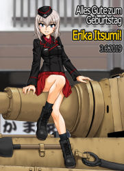 Rule 34 | 1girl, ankle boots, arm support, black footwear, black hat, black jacket, black socks, blue eyes, blurry, blurry background, blush, boots, character name, commentary request, cross-laced footwear, dated, day, denim, denim shorts, dress shirt, garrison cap, german text, girls und panzer, happy birthday, hat, itsumi erika, jacket, kuromorimine military uniform, lace-up boots, legs, light blush, long hair, long sleeves, looking at viewer, military, military hat, military uniform, military vehicle, miniskirt, motor vehicle, oosaka kanagawa, outdoors, parted lips, partial commentary, pleated skirt, red shirt, red skirt, shirt, shorts, shovel, silver hair, sitting, skirt, smile, socks, solo, tank, tiger ii, translated, uniform