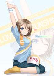 Rule 34 | 10s, 1girl, ;), absurdres, ankle boots, arms up, blue eyes, boots, brown hair, character name, copyright name, full body, grin, hair between eyes, hat, unworn hat, unworn headwear, highres, interlocked fingers, love live!, love live! school idol festival, love live! sunshine!!, neps-l, one eye closed, pants, pants rolled up, plantar flexion, rubber boots, shirt, short hair, short sleeves, sitting, smile, solo, stretching, sweatband, sweatpants, t-shirt, towel, towel around neck, wariza, watanabe you, wristband, yellow footwear, zoom layer