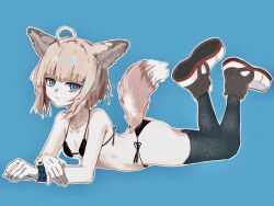 Rule 34 | 1girl, ahoge, animal ear fluff, animal ears, arknights, ass, bikini, black bikini, black thighhighs, blonde hair, blue background, blue eyes, breasts, closed mouth, collarbone, commentary, fox ears, fox girl, fox tail, full body, gloves, halterneck, highres, infection monitor (arknights), legs up, looking at viewer, lying, on stomach, shoe soles, shoes, short hair, side-tie bikini bottom, simple background, small breasts, solo, sussurro (arknights), swimsuit, tail, thighhighs, violetstone, white footwear, white gloves