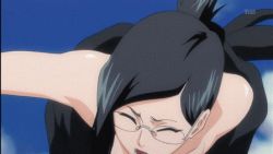 Rule 34 | 1girl, animated, animated gif, black hair, bleach, blush, third-party edit, glasses, ise nanao, lowres, nipples, open mouth, solo, tentacles, third-party edit