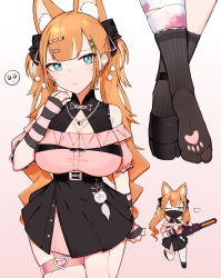 Rule 34 | 1girl, andou inari, andou inari official, animal ear fluff, animal ears, bandaged leg, bandages, black footwear, black skirt, black socks, blue eyes, breasts, chainsaw, chibi, choumi wuti (xueye fanmang zhong), cleavage, closed mouth, commentary request, emoji, gradient background, hair ornament, hairclip, hand up, heart, heart hair ornament, highres, holding, large breasts, long hair, looking at viewer, mask, mouth mask, multicolored hair, multiple views, nijisanji, no shoes, off-shoulder shirt, off shoulder, one eye closed, orange hair, paw print socks, pink background, pink shirt, pleading face emoji, pleated skirt, shirt, shoes, skindentation, skirt, socks, soles, streaked hair, striped clothes, striped socks, sweat, twintails, vertical-striped clothes, vertical-striped socks, very long hair, virtual youtuber, virtuareal, white background, white hair, x hair ornament