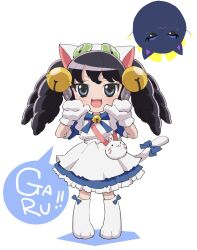 Rule 34 | 1girl, :d, animal hands, animal hat, apron, bag, bell, black hair, blue dress, blue eyes, blue ribbon, cat, cat hat, cat tail, catchphrase, commentary request, cosplay, dejiko, dejiko (cosplay), di gi charat, dress, edamame (buruburu), fangs, full body, gaaruru (pripara), gema, gloves, hair bell, hair ornament, hands up, hat, headphones, highres, jingle bell, long hair, looking at viewer, maid apron, neko (pripara), open mouth, paw gloves, paw shoes, pretty series, pripara, ribbon, smile, solo, speech bubble, standing, tail, twintails, white background, white footwear, white gloves