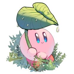 Rule 34 | :&gt;, blue eyes, blush stickers, colored skin, commentary, grass, happy, holding, holding leaf, kirby, kirby (series), lazoomaiga, leaf, leaf umbrella, nintendo, no humans, pink skin, signature, simple background, smile, solid oval eyes, solo, symbol-only commentary, twitter username, water drop, white background