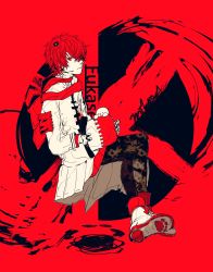 Rule 34 | 1boy, 3kuma, black pants, character name, coat, flag, fukase, headset, high contrast, highres, crossed legs, looking at viewer, looking to the side, male focus, pants, point (vocaloid), red background, red eyes, red hair, red scarf, scarf, sitting, vocaloid, white coat