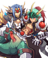Rule 34 | bar censor, black coat, blue hair, blush, censored, chain, coat, commentary request, cum, dragon boy, emon-yu, feet out of frame, gauntlets, green eyes, green hair, grey coat, hair between eyes, has bad revision, horns, leg armor, long hair, looking at another, male focus, navel, open mouth, parted bangs, penis, plume, pointless censoring, pointy ears, ragnarok online, red eyes, rune knight (ragnarok online), shirt, short hair, simple background, slit pupils, spiked gauntlets, spiked pauldrons, taur, visor (armor), warlock (ragnarok online), white background, white shirt, yaoi
