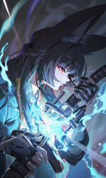 1girl absurdres animal_ear_fluff animal_ears black_gloves black_hair black_skirt blunt_bangs fingerless_gloves fox_ears fox_girl from_side gloves green_jacket highres holding holding_sword holding_weapon hoshimi_miyabi jacket katana long_hair looking_ahead parted_lips r1zen red_eyes serious shirt sidelocks single_fingerless_glove skirt solo sword weapon zenless_zone_zero