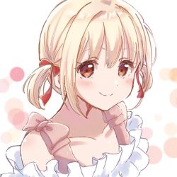 Rule 34 | blonde hair, bow, collar, collarbone, frilled collar, frills, hair ribbon, looking at viewer, looking to the side, lycoris recoil, nishikigi chisato, official alternate costume, official alternate hairstyle, osono (jpku7757), red bow, red eyes, red ribbon, ribbon, short hair, smile, twintails, white background