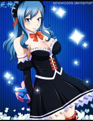 Rule 34 | 1girl, arms behind back, artist request, bare shoulders, black dress, blue background, blue eyes, blue hair, blue ribbon, blush, box, breasts, cleavage, closed mouth, detached sleeves, dress, elbow gloves, fairy tail, gift, gloves, hair ornament, happy, headdress, headwear request, heart, heart-shaped box, japanese text, juvia lockser, kanji, large breasts, long hair, looking at viewer, maid, maid headdress, ribbon, skirt, smile, solo, sparkle, standing, striped, striped background, thighhighs, translation request, valentine