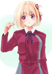 Rule 34 | 1girl, :o, belt, blonde hair, blush, breasts, dress, frapowa, grey dress, hair ribbon, hand up, highres, large breasts, long sleeves, lycoris recoil, lycoris uniform, neck ribbon, nishikigi chisato, one side up, parted lips, red belt, red dress, red eyes, red ribbon, ribbon, short hair, simple background, solo, two-tone dress, upper body, white background