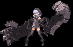 Rule 34 | 10s, 1girl, black rock shooter, black thighhighs, e79, full body, hood, hoodie, lowres, mechanical arms, pixel art, single mechanical arm, solo, strength (black rock shooter), tail, thighhighs, transparent background, white hair, yellow eyes