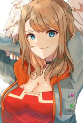 Rule 34 | 1girl, black choker, blue eyes, breast tattoo, breasts, brown hair, choker, cleavage, closed mouth, edamameoka, eunie (xenoblade), feathered wings, grey jacket, hands in hair, head wings, highres, hood, hood down, hooded jacket, jacket, looking at viewer, medium breasts, medium hair, open clothes, open jacket, red shirt, shirt, simple background, solo, tattoo, upper body, white background, white wings, wings, xenoblade chronicles (series), xenoblade chronicles 3