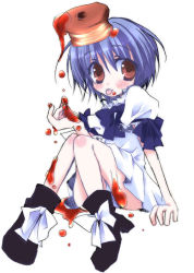 Rule 34 | 1girl, :p, bisuke-tan, blue bow, blue hair, blush, bow, food, food on body, food on head, high heels, kfc, looking at viewer, object on head, pancake, puffy short sleeves, puffy sleeves, red eyes, short hair, short sleeves, simple background, solo, thighs, tongue, tongue out, white background, white bow
