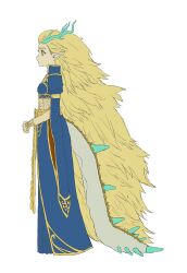 Rule 34 | 1girl, absurdly long hair, alternate hairstyle, blonde hair, bo oj0916, dragon horns, dragon tail, dress, from side, full body, highres, horns, light dragon (zelda), long hair, nintendo, own hands together, pointy ears, princess zelda, simple background, solo, spiked tail, spoilers, standing, tail, the legend of zelda, the legend of zelda: tears of the kingdom, very long hair