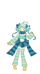 Rule 34 | 1girl, ahoge, blonde hair, blue bow, blue hair, blue skirt, bow, detached sleeves, full body, garter straps, gloves, green hair, green pupils, green shirt, hair bow, miniskirt, mismatched pupils, multicolored hair, open mouth, original, personification, pleated skirt, shirt, simple background, skirt, smile, solo, star-shaped pupils, star (symbol), striped clothes, striped sleeves, striped thighhighs, symbol-shaped pupils, thighhighs, titan (usagi nui), transparent background, usagi nui, yellow eyes, yellow footwear, yellow gloves