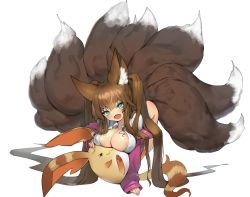 Rule 34 | 1girl, absurdres, animal ear fluff, animal ears, aqua eyes, blush, breasts, brown hair, cardigan, cleavage, commission, fang, fluffy, fox ears, fox girl, fox tail, green eyes, highres, large breasts, large tail, long hair, long sleeves, looking at viewer, maron (pet), multiple tails, open clothes, open mouth, original, pink cardigan, plushmallow, romana, simple background, solo, tail, twintails, white background