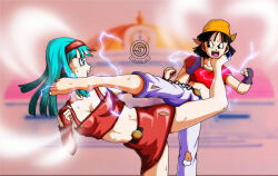 Rule 34 | 2girls, angry, barefoot, black hair, blue hair, bra (dragon ball), denim, dragon ball, dragon ball gt, dragonball z, feet, fighting, fingerless gloves, gloves, jeans, kicking, midriff, multiple girls, pan (dragon ball), pants, puyasawyer, toenails, toes, torn clothes, watermark