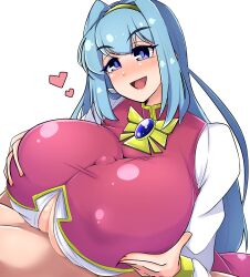 Rule 34 | 1boy, 1girl, absurdres, blue eyes, blue hair, blush, breasts, breasts squeezed together, clothed paizuri, dress, estpolis denki, grabbing, grabbing own breast, hairband, heart, highres, huge breasts, jewelry, long hair, lufia, motion lines, naughty face, necklace, norori, open mouth, paizuri, paizuri under clothes, penis, puffy sleeves, sweat, tia (estpolis denki)