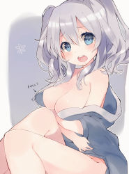 Rule 34 | 10s, 1girl, bare shoulders, blue eyes, breasts, cleavage, gijxgij, highres, kantai collection, kashima (kancolle), looking at viewer, open mouth, short hair, silver hair, solo, twintails