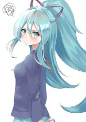 Rule 34 | 1girl, absurdres, angry, aqua eyes, aqua hair, aqua skirt, black shirt, blouse, blush, braid, commentary, from side, hatsune miku, hatsune miku (if), headphones, highres, long hair, looking at viewer, looking to the side, mugimugitya3, ponytail, pout, shirt, sidelocks, skirt, solo, squiggle, standing, upper body, very long hair, vocaloid, white background