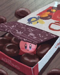 Rule 34 | almond, blue eyes, blush stickers, box, chocolate, closed mouth, food, food focus, highres, in box, in container, kirby, kirby (series), looking at viewer, meiji (brand), meiji almond chocolate, miclot, nintendo, no humans, pink footwear, shoes, smile, table