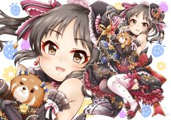Rule 34 | 1girl, :d, bare shoulders, black dress, black footwear, black hair, black hat, blush, bow, brown eyes, commentary request, dated, dress, earrings, fangs, floral background, frilled dress, frills, hat, hat bow, highres, hugging object, idolmaster, idolmaster cinderella girls, idolmaster cinderella girls starlight stage, jewelry, long hair, looking at viewer, open mouth, red bow, regular mow, shoes, signature, smile, solo, striped, striped bow, stuffed animal, stuffed toy, tachibana arisu, thighhighs, tilted headwear, twintails, twitter username, white background, white thighhighs, zoom layer