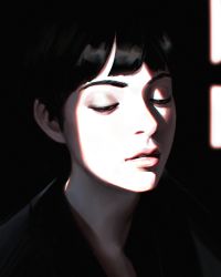 Rule 34 | 1girl, absurdres, black eyes, black hair, black shirt, commentary, eyelashes, guweiz, half-closed eyes, highres, limited palette, lips, original, parted lips, photo-referenced, pink lips, portrait, shirt, short hair, sketch, solo, upper body