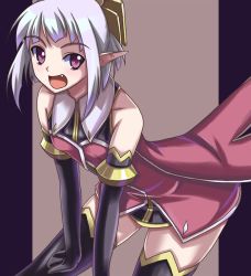 Rule 34 | 1girl, akiyasu, elbow gloves, fang, gloves, leaning forward, open mouth, original, pointy ears, purple eyes, simple background, smile, thighhighs