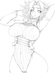 Rule 34 | 1girl, adapted costume, armpits, arms up, bandana, blue eyes, breasts, cameltoe, cleft of venus, code geass, covered navel, cowboy shot, curvy, detached sleeves, covered erect nipples, fumio (rsqkr), hair intakes, highleg, highleg leotard, kouzuki kallen, large breasts, leotard, looking to the side, monochrome, open mouth, short hair, simple background, sketch, solo, white background, wide hips