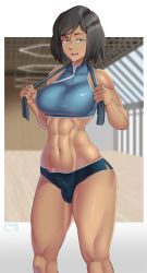 Rule 34 | 1girl, 2022, abs, absurdres, artist name, avatar: the last airbender, avatar legends, black hair, blue eyes, bulge, castell, commentary, covered testicles, dark-skinned female, dark skin, dated, english commentary, feet out of frame, futanari, hair between eyes, highres, korra, looking at viewer, muscular, muscular female, navel, nike (company), open mouth, penis, precum, short hair, solo, teeth, testicles, tongue, uncensored, watermark