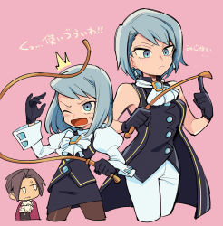 Rule 34 | 1boy, 1girl, ace attorney, ace attorney investigations, ascot, black gloves, black pantyhose, black skirt, blue eyes, blush, closed mouth, franziska von karma, gloves, grey hair, highres, holding, holding riding crop, holding whip, long sleeves, miles edgeworth, mole, mole under eye, multiple views, nono (norabi), one eye closed, open mouth, pants, pantyhose, pink background, puffy long sleeves, puffy sleeves, riding crop, short hair, simple background, skirt, sleeveless, sweat, translated, whip, white ascot, white pants