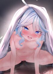 Rule 34 | 1boy, 1girl, :d, blue eyes, blue hair, breasts, commentary request, completely nude, cowgirl position, drop-shaped pupils, furina (genshin impact), genshin impact, gmkj, hetero, heterochromia, highres, light blue hair, looking at viewer, mismatched pupils, multicolored hair, navel, nipples, nude, open mouth, paid reward available, penis, pov, pussy, sex, signature, simple background, small breasts, smile, squatting cowgirl position, straddling, sweat, symbol-shaped pupils, uncensored, under covers, white hair
