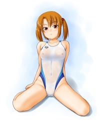 Rule 34 | 1girl, arena (company), breasts, brown hair, competition swimsuit, hair bobbles, hair ornament, kneeling, medium breasts, navel, nipples, one-piece swimsuit, original, see-through, short hair, solo, swimsuit, tk4, twintails